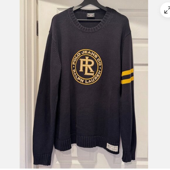 VTG Ralph Lauren Polo Jeans Sport Logo Varsity Sweater Black 100% Cotton Sz. XXL - Picture 1 of 9